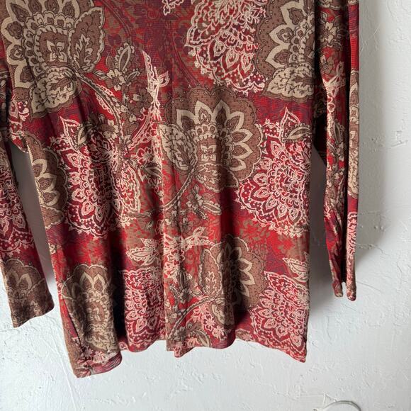 Croft & Barrow Y2k Size XL Brown Red Boho Floral Mesh Long Sleeve Top‎ - Picture 3 of 8